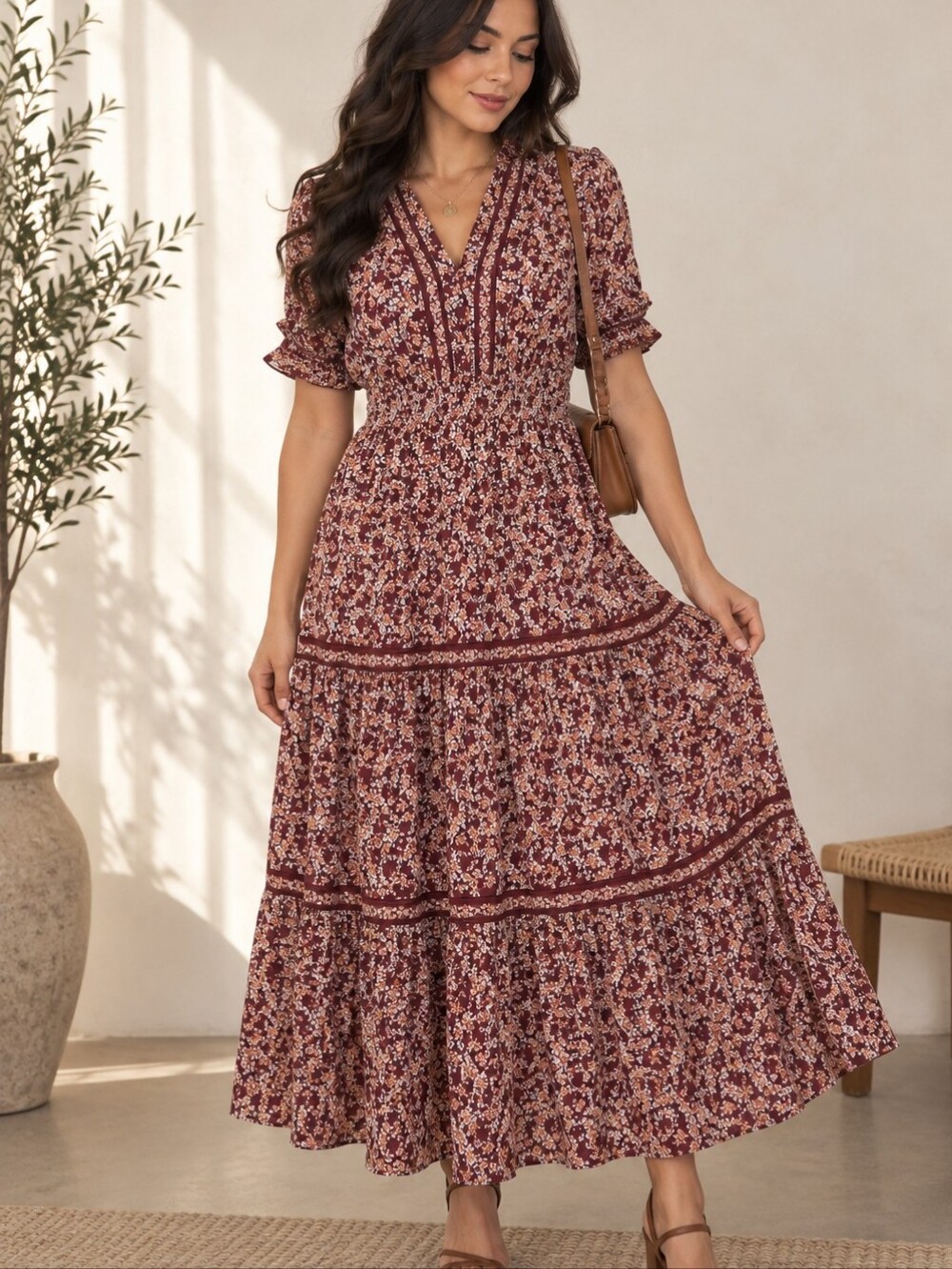 Size:L Max Studio Maxi Dress Prairie Floral Country Western Tiered Boho Long